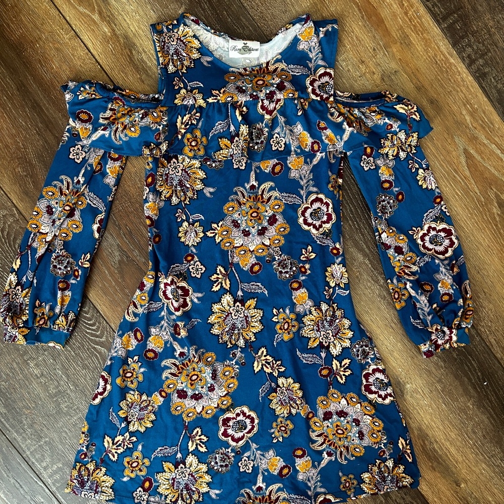 Rare Editions Floral Cold Shoulder Dress -Blue and Yellow (will fit an xs adult)